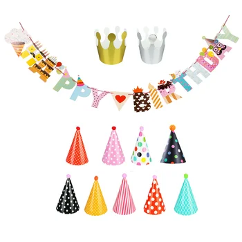 12 adet Mutlu Doğum Günü Afiş parti şapkaları Polka Dot DIY Sevimli El Yapımı Kap doğum günü şapkası Bebek duş dekorasyonu Seti Erkek Kız