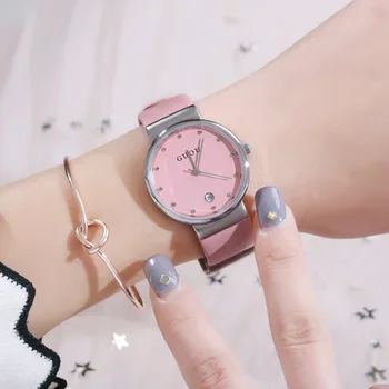 2018 Moda Guou Marka Elbise Eğlence Rahat Kuvars Kadınlar Bayanlar Hediye Kol Saatleri Basit Deri Saatler Lüks takvimli saat