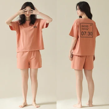 2022 Yaz Yeni kadın Rahat Gecelik O-boyun T-shirt ve Şort 2 ADET Pijama Takım Elbise Gevşek Pijama Baskı Pijama Salonu Kıyafeti