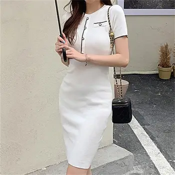 2023 Kore Yaz Mini Elbiseler kadın Yeni Mizaç Moda Kontrast Fit Yüksek Bel Kısa Kollu Elbise Vintage