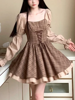 2023 Yaz Kawaii Parti Lolita Elbise Kadınlar Casual Uzun Kollu Y2k Mini Elbise Kadın Ekose İnce Tek Parça Elbise Kore Şık