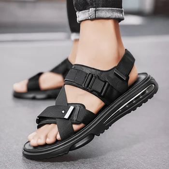 2023 Yaz Siyah basit plaj ayakkabısı erkek Dokuma Üst Rahat Moda Sandalet Açık Yumuşak Rahat Aşınmaya dayanıklı Sandalet