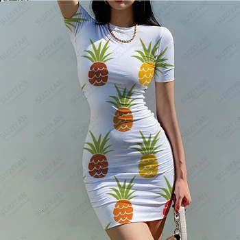 2023 Yaz Yeni kadın Elbise 3D Baskılı Meyve Çilek Mizaç Seksi Hawaii Tarzı kadın Sıkı Yuvarlak Boyun Kısa Kollu