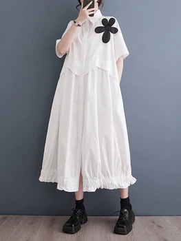 2023 Yaz Yeni Moda Siyah Beyaz Kadın Elbise Vestidos Robe Elbise Gevşek Artı Boyutu Kısa Kollu Tek göğüslü Gömlek Elbiseler