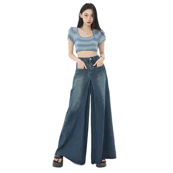 2023 Yeni Kadın X uzun Vintage Geniş Bacak Denim Kot Uzun Boylu Kadın Uzatılmış Yüksek Bel İnce Cepler dökümlü pantolon Etek