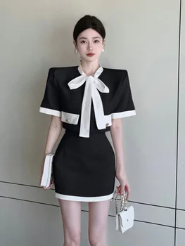 2023 Yeni Kore Zarif Moda OL İki Parçalı Set Kadınlar İçin Kırpma Üst + Etek 2 Parça Setleri Yaz Kadın kıyafetleri Topluluk Femme