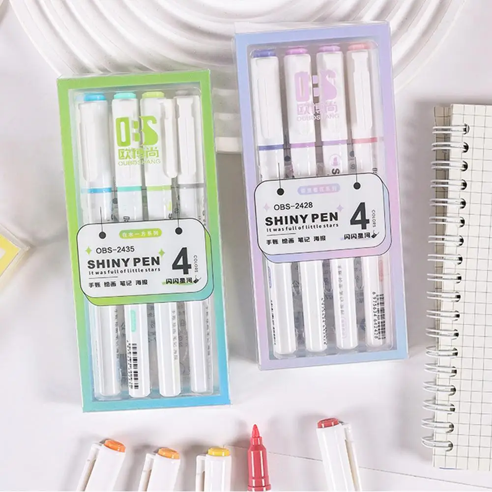 4 Renk Güzel Glitter Vurgulayıcı Kalem Seti Floresan İşaretleyiciler Fosforlu Kalemler resim kalemi Japon Kawaii Kırtasiye - 0