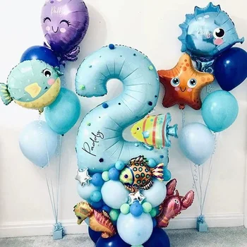44 pcs Altında Deniz Okyanus Dünya Hayvan Balonlar Mavi numarası balon Deniz Parti Tema Çocuklar mutlu Doğum Günü Partisi Dekorasyon Bebek Duş