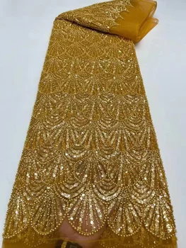 Altın Afrika Dantel Kumaş 2023 Yüksek Kaliteli Sequins Nijeryalı Net Boncuk Dantel Kumaş Fransız Tül Dantel Kumaş düğün elbisesi