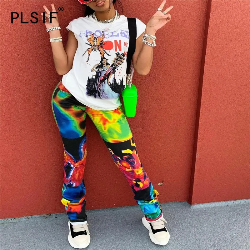 Amerikan Moda O-Boyun Kısa kollu baskılı tişört ve Baskılı Pantolon Moda Yüksek Sokak Hip-Hop Kişiselleştirilmiş Kadın Takım Elbise - 0