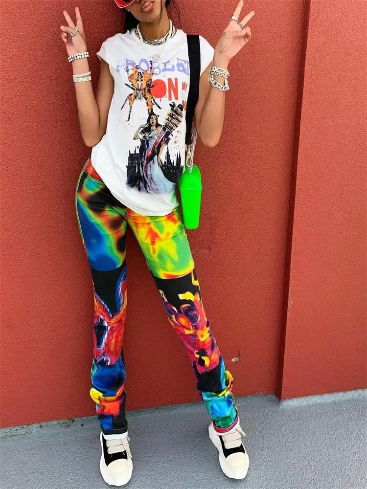 Amerikan Moda O-Boyun Kısa kollu baskılı tişört ve Baskılı Pantolon Moda Yüksek Sokak Hip-Hop Kişiselleştirilmiş Kadın Takım Elbise - 1