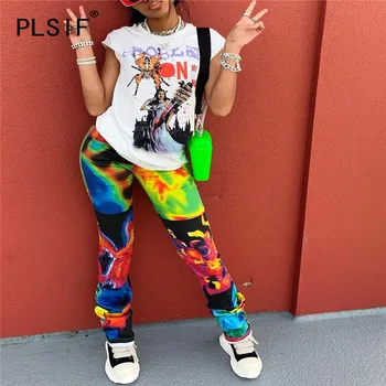 Amerikan Moda O-Boyun Kısa kollu baskılı tişört ve Baskılı Pantolon Moda Yüksek Sokak Hip-Hop Kişiselleştirilmiş Kadın Takım Elbise