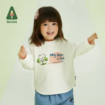 Amila Bebek Kız T-shirt 2023 Bahar Yeni Üst Uzun Kollu Yuvarlak Boyun Sevimli Karikatür Moda Yumuşak Çocuk Giysileri 0-6 yıl