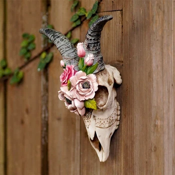 Bahçe Çiçek Keçi Kafatası duvar Kolye Reçine Heykeli Hayvan Koyun Boynuzları Heykel Figürleri Avlu Dekorları askı süsleri