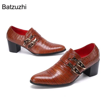 Batzuzhi Lüks El Yapımı Resmi Deri Elbise Ayakkabı Erkekler 7 cm Topuklu Yüksek Moda erkek ayakkabısı Tokaları Parti ve Düğün Ayakkabı, 38-46!