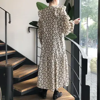 Bayan Bahar Zarif Baskı Casual Midi Elbise Vintage Uzun Kollu Ruffles Vestidos Kadın Şık O-boyun Yüksek Bel Elbise