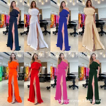 Bayanlar Kentsel Zarif Kraliçe Tarzı Elbise Yaz Düz Renk Yarasa Kollu Çapraz Omuz Kıvrımlar Tasarım Bölünmüş Elbise