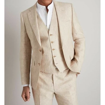 Bej Erkek Takım Elbise 2023 Blazer Düğün Seti 3 Parça (ceket+yelek+pantolon) Çentikli Yaka Tek Göğüslü Slim Fit пиджак мужской