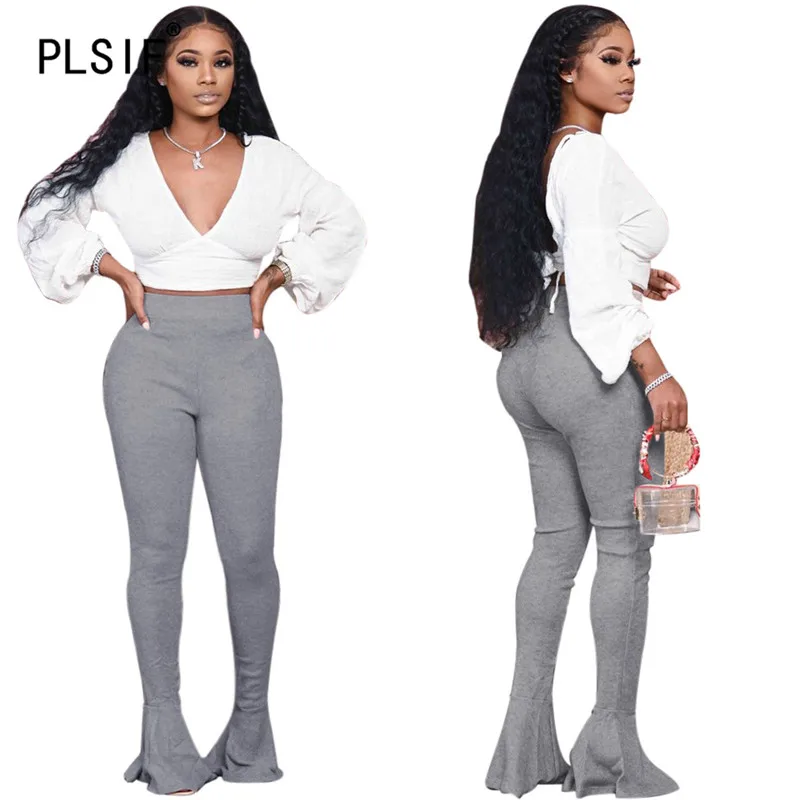 Beyaz Derin V Boyun Uzun Kollu Kırpma Üst Ve Dar Pantolon 2 Parça Set Ofis Bayan Moda Eşofman Yüksek Sokak Kıyafetler - 0