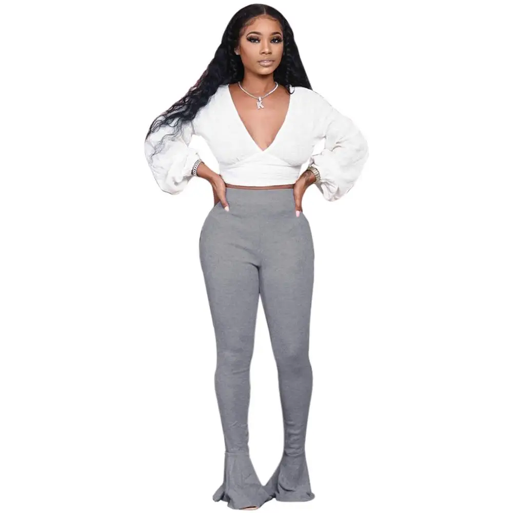 Beyaz Derin V Boyun Uzun Kollu Kırpma Üst Ve Dar Pantolon 2 Parça Set Ofis Bayan Moda Eşofman Yüksek Sokak Kıyafetler - 3