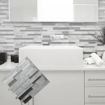 Beyaz Gri Mermer Mozaik Kabuğu ve Sopa Duvar Karosu Kendinden yapışkanlı Backsplash DIY Mutfak Banyo Ev Duvar çıkartma Vinil 3D