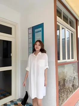 Davestis Kore Katı Tek göğüslü Gevşek Büyük Boy Gömlek Kadın Sonbahar Zarif Turn Down Yaka Uzun Kollu Orta Uzunlukta Bluz
