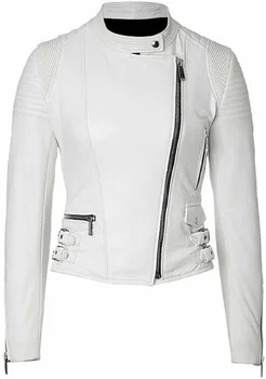 Deri Ceket Kadınlar İçin Beyaz Biker Motosiklet Hakiki Kuzu Derisi Deri Kıyafet