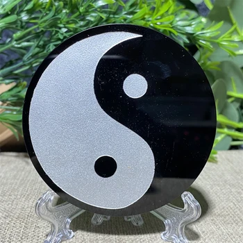 Doğal Obsidyen Kuvars Kristal Tai Ji Disk Sekiz Diyagramı Şeklinde Meze Bagua Feng Shui Ev Dekorasyon + Standı