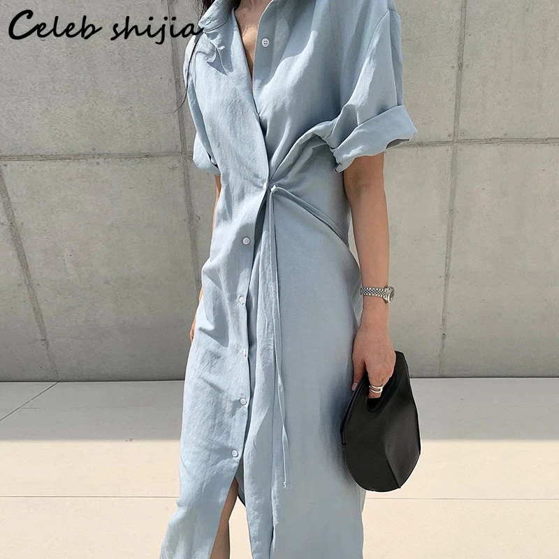 Düzensiz Şık Gömlek Elbise Kadınlar için Tek Göğüslü Mavi Maxi Elbise Bodycon Kadın Vintage Zarif Koreli kadın Giyim XL - 0
