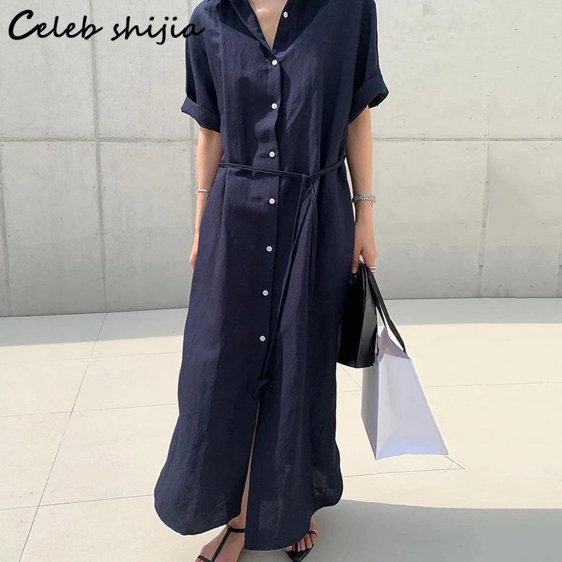 Düzensiz Şık Gömlek Elbise Kadınlar için Tek Göğüslü Mavi Maxi Elbise Bodycon Kadın Vintage Zarif Koreli kadın Giyim XL - 2