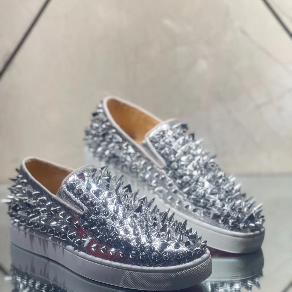Düşük Kesim Gümüş Eşkenar Dörtgen Gerçek Deri Tam Metal Sivri Kırmızı Alt Ayakkabı Erkekler İçin Casual Flats Loafers Düğün Sneaker Kadın Ayakkabı - 0