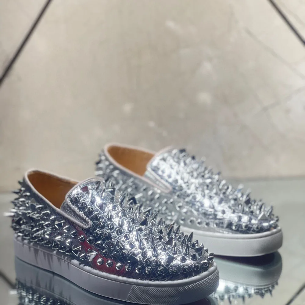 Düşük Kesim Gümüş Eşkenar Dörtgen Gerçek Deri Tam Metal Sivri Kırmızı Alt Ayakkabı Erkekler İçin Casual Flats Loafers Düğün Sneaker Kadın Ayakkabı - 1