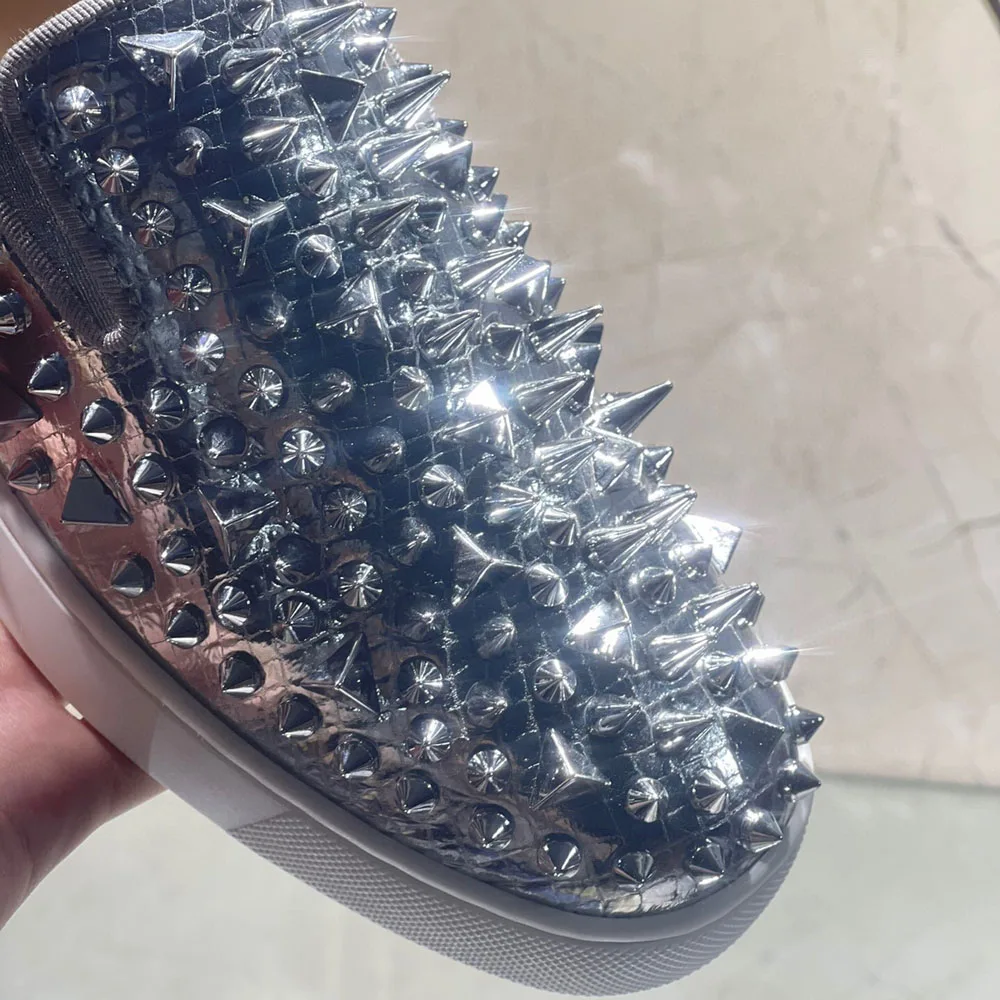Düşük Kesim Gümüş Eşkenar Dörtgen Gerçek Deri Tam Metal Sivri Kırmızı Alt Ayakkabı Erkekler İçin Casual Flats Loafers Düğün Sneaker Kadın Ayakkabı - 4