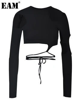 [EEM] Kadınlar Siyah Cut-out Düzensiz Bandaj İnce T-shirt Yeni Yuvarlak Boyun Uzun Kollu Moda Gelgit Bahar Sonbahar 2023 1DD889501