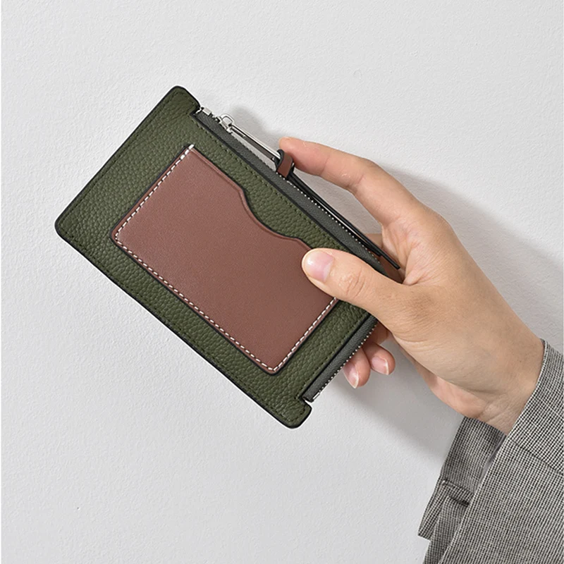 En lüks kadın inek deri kart çantası küçük çok ince renk eşleştirme klip Deri Uzun Zip sıfır cüzdan kredi kart klibi - 0