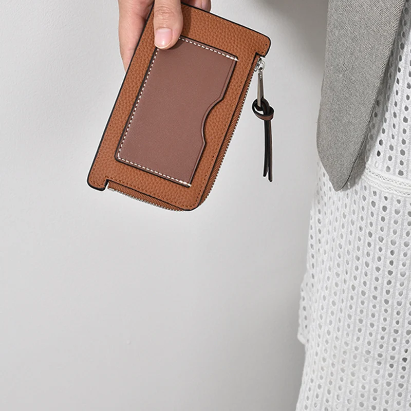 En lüks kadın inek deri kart çantası küçük çok ince renk eşleştirme klip Deri Uzun Zip sıfır cüzdan kredi kart klibi - 1