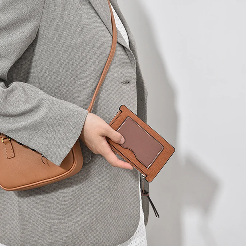 En lüks kadın inek deri kart çantası küçük çok ince renk eşleştirme klip Deri Uzun Zip sıfır cüzdan kredi kart klibi - 5