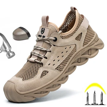Erkek İş Güvenliği Nefes Ayakkabı Çelik Burunlu Erkek iş çizmeleri Örgü Üst İş Sneakers Delinmez Hafif güvenlik ayakkabıları 2023