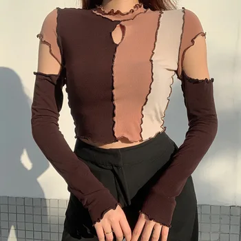Fırfır T Shirt Cut Out Kırpma Üst Kadınlar için Y2K Kazaklar Kontrast Uzun Kollu kısa tişört Harajuku Clubwear Sonbahar Üst Goth