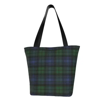 Geri dönüşüm siyah saat İskoç Tartan Ekose alışveriş çantası Kadın Tuval kol çantası Çanta Yıkanabilir Bakkal Alışveriş çantaları