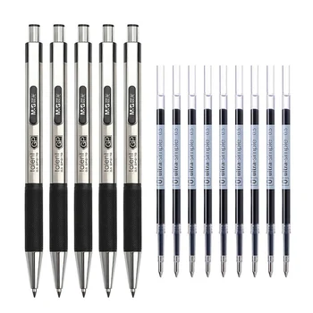 Geri çekilebilir Paslanmaz Çelik Jel Kalemler, Metal Tükenmez Makaralı Tükenmez 0.5 mm İnce Nokta Siyah Mavi Çubuklar İşareti Kalem Pürüzsüz Yazma Hediye