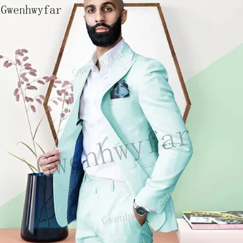 Gwenhwyfar Klasik Nane Yeşil Erkek Takım Elbise Düğün Damat Smokin Resmi Iş Slim Fit Blazer Kostüm Homme (Ceket + Pantolon)