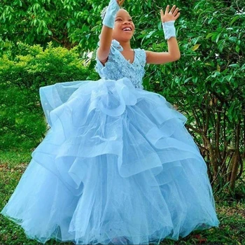 Gökyüzü Mavi Çiçek Kız Elbise Tül Aplikler Sparkly Sequins Boncuklu Düğün Parti Doğum Günü İçin İlk Communion Elbise