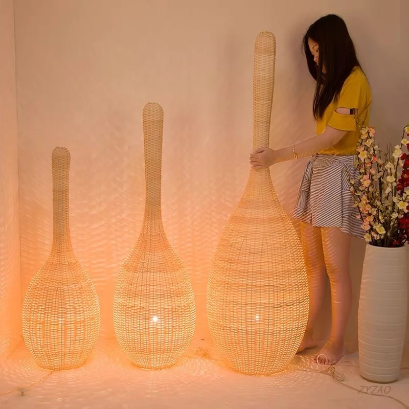 Güneydoğu Asya el yapımı Rattan dokuma zemin lambası yaratıcı otel oturma odası ev dekor lambası sıcak atmosfer ayakta ışıklar - 0
