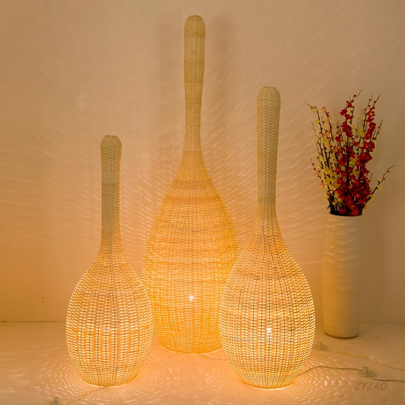 Güneydoğu Asya el yapımı Rattan dokuma zemin lambası yaratıcı otel oturma odası ev dekor lambası sıcak atmosfer ayakta ışıklar - 1