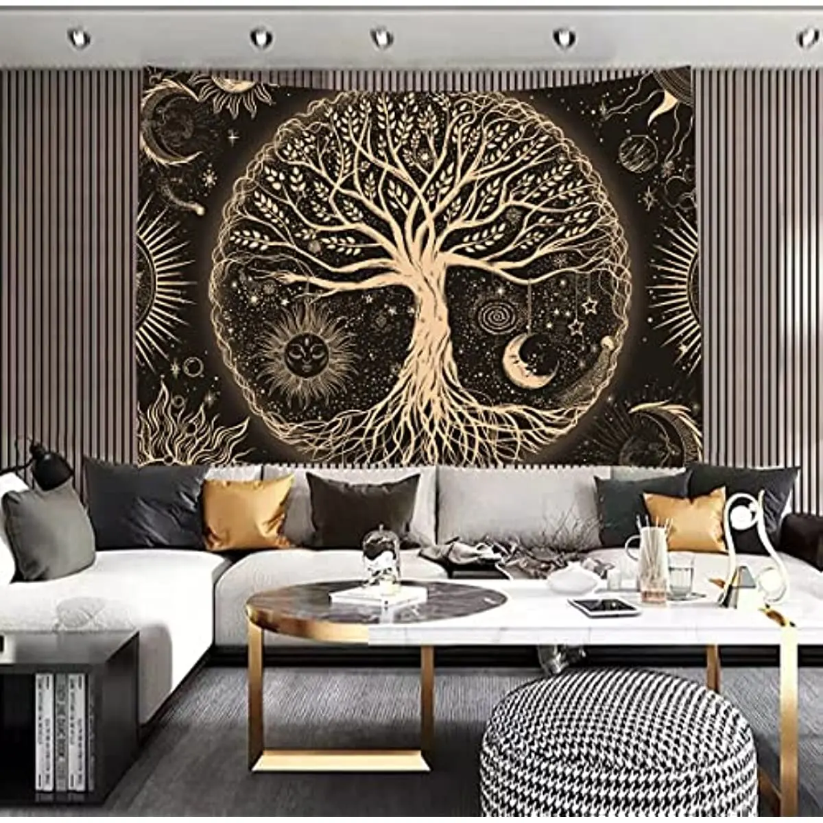 Hayat ağacı Goblen Duvar Asılı Trippy Güneş ve Ay Estetik duvar halısı Ev Dekor Oturma Odası Yatak Odası için - 3
