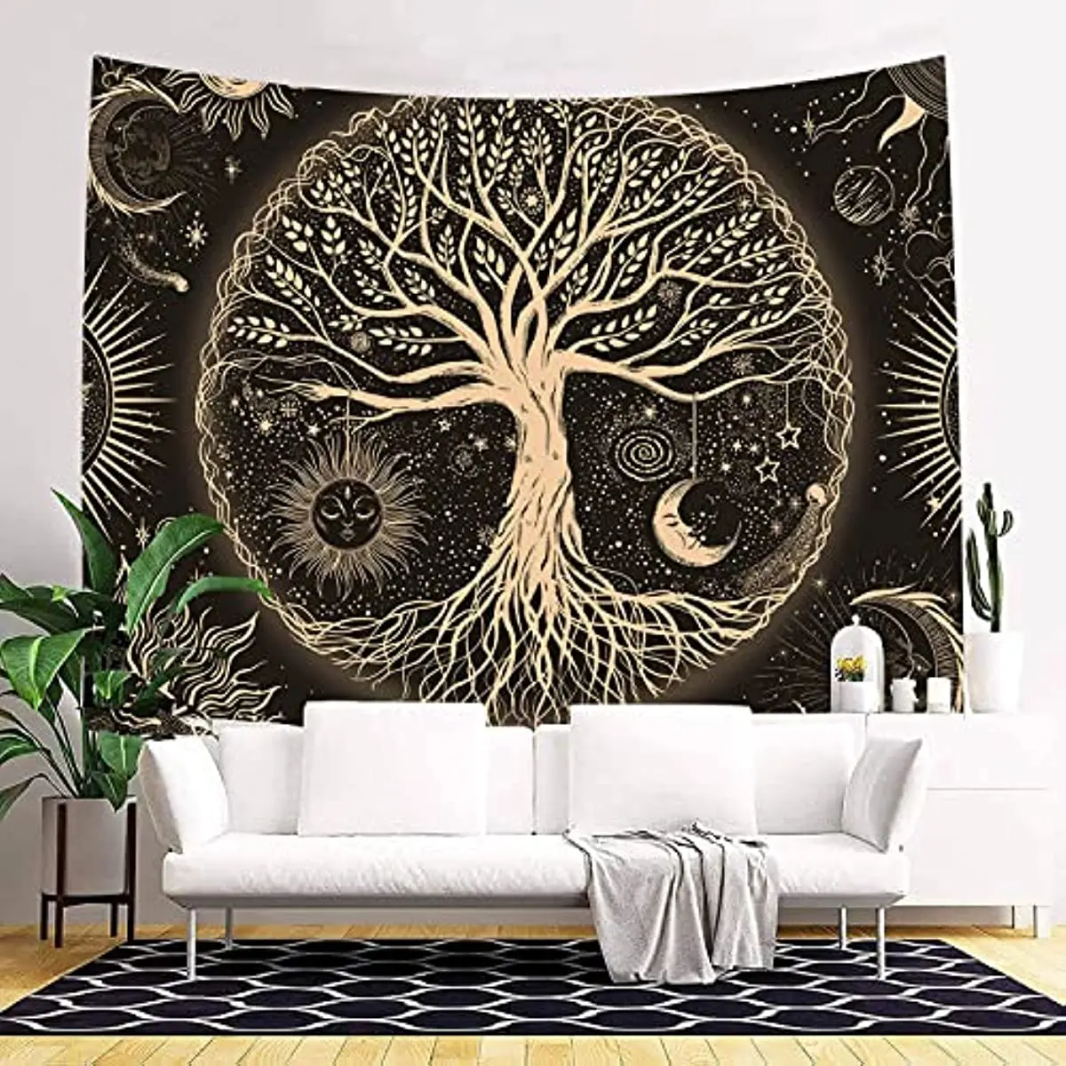 Hayat ağacı Goblen Duvar Asılı Trippy Güneş ve Ay Estetik duvar halısı Ev Dekor Oturma Odası Yatak Odası için - 4