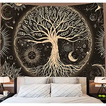 Hayat ağacı Goblen Duvar Asılı Trippy Güneş ve Ay Estetik duvar halısı Ev Dekor Oturma Odası Yatak Odası için