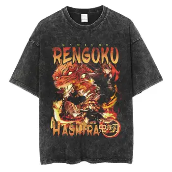 Iblis avcısı Yıkanmış T-Shirt Hip Hop Streetwear T-Shirt Harajuku Büyük Boy %100 % Pamuk Tişörtleri Nezuko Zenitsu Kısa Kollu Üst