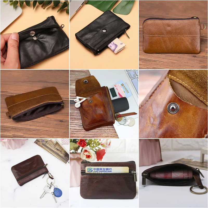 Inek derisi bozuk para cüzdanı Unisex El Tek Fermuarlı Mini Çanta Nakit Vintage deri cüzdan Klip kart tutucu Para Çantası Hediye - 1